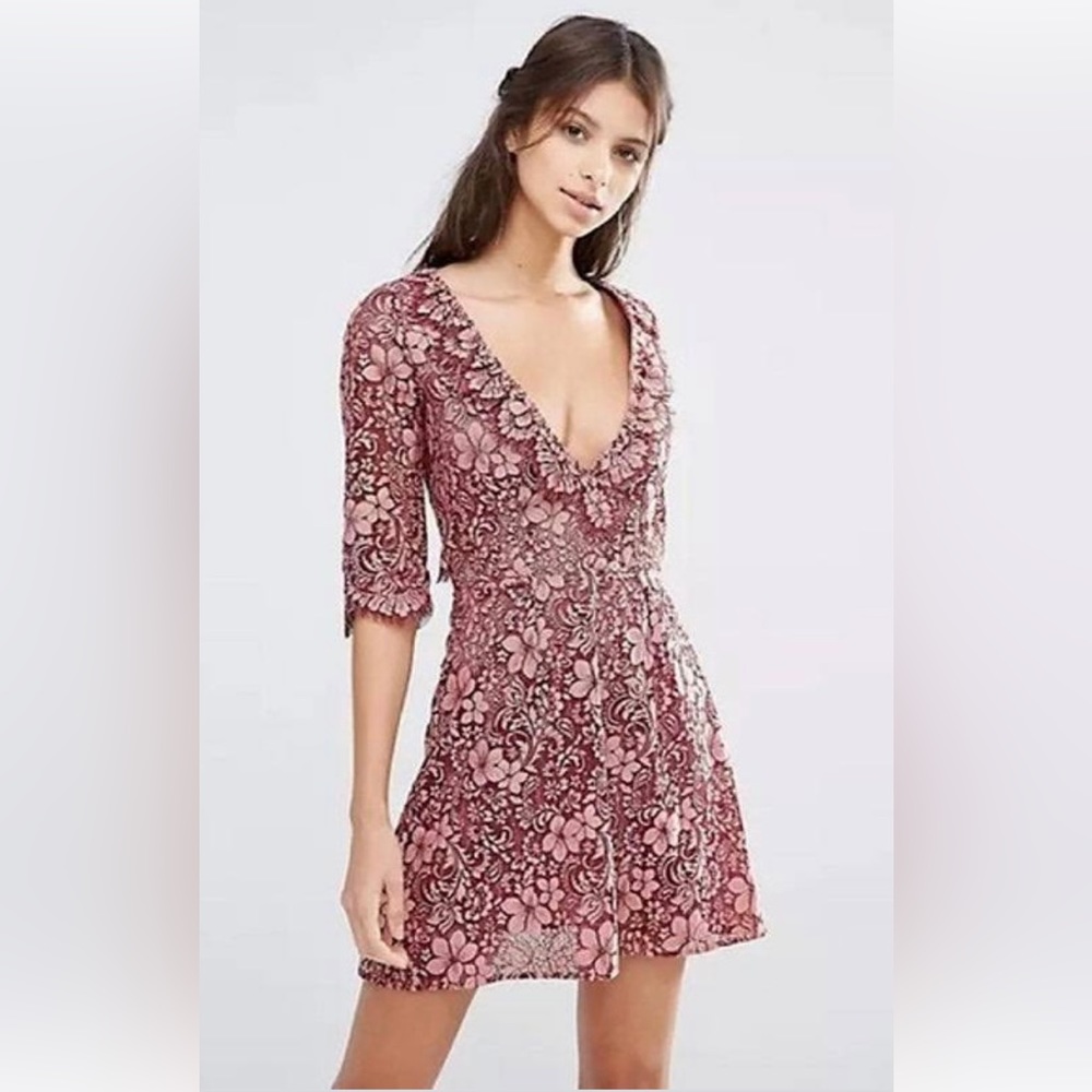 For Love and Lemons Theodora Open Back Lace Mini Dress Size M in Rosie